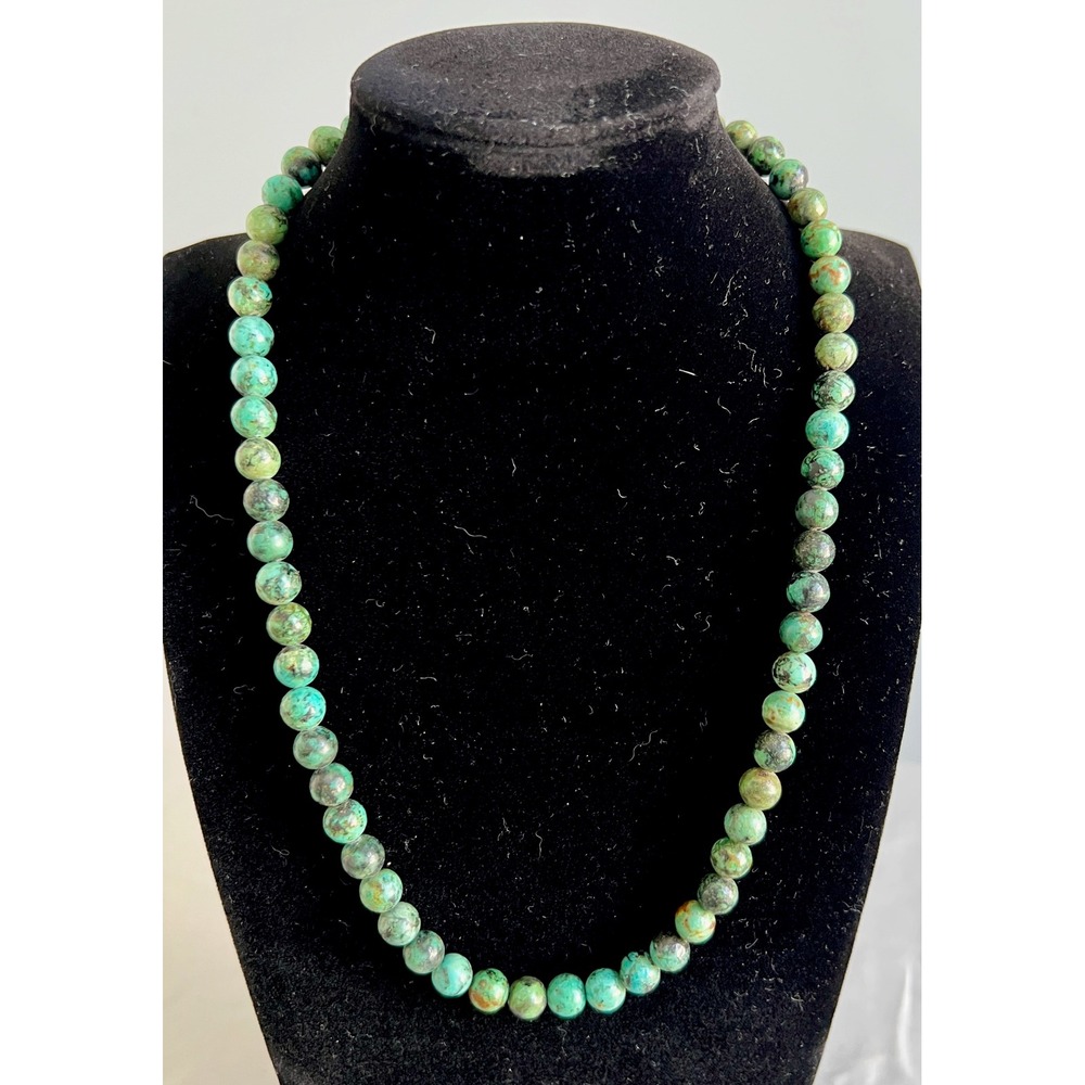 Vintage Green Mottled Natural Stone Bead Necklace 8mm 19" Filigree Clasp